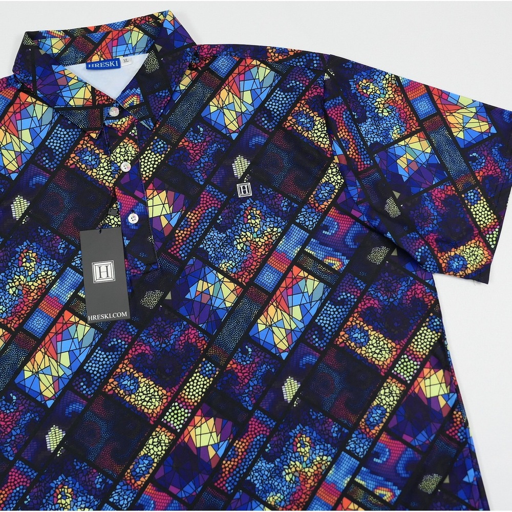 Hreski Mens XL Polo Shirt Stained Glass Mosaic Abstract Print Performance Golf